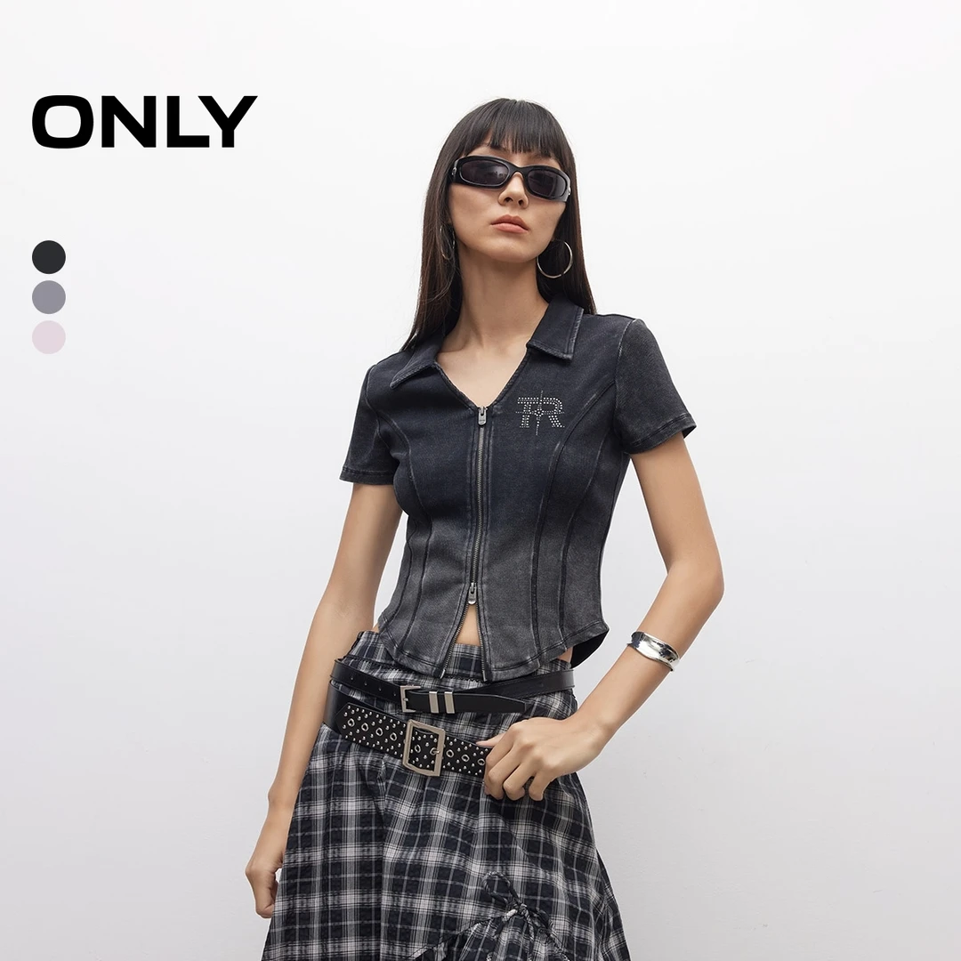 ONLY2025春季新款做旧水洗V领显瘦正肩修身短款T恤女|12517I004