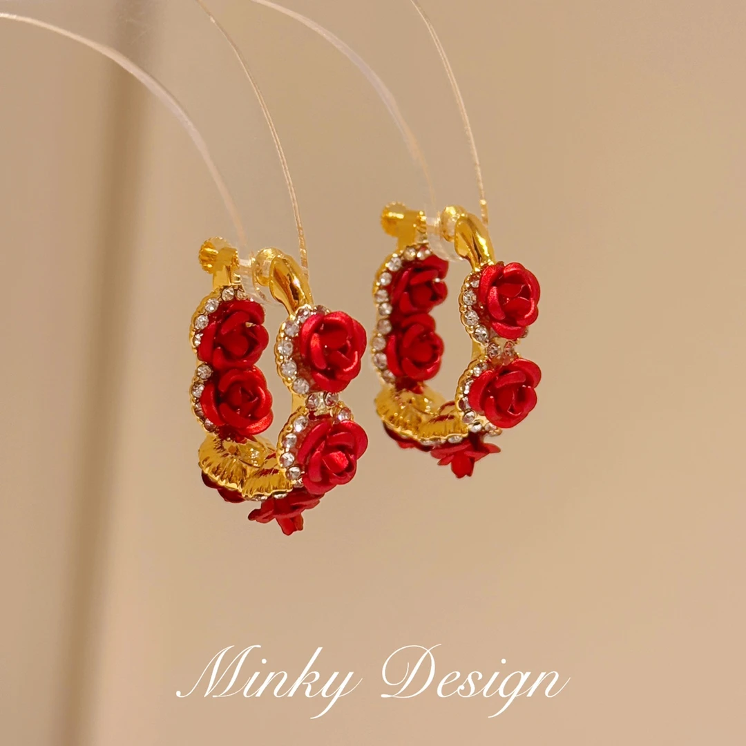 铜合金耳饰 「花绽耳间」高级感玫瑰花耳扣螺旋耳夹女耳环气质耳饰