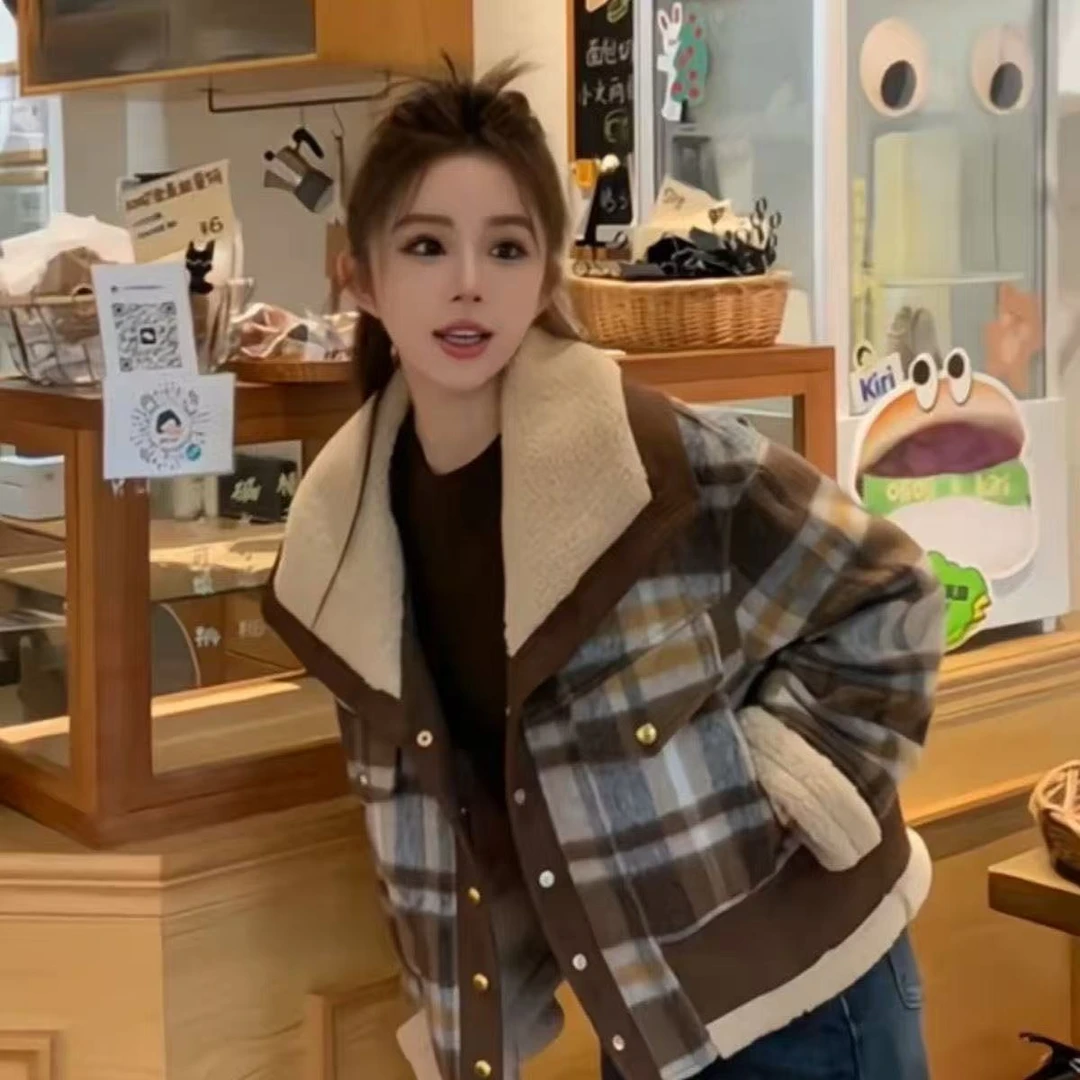 拼接女翻领保暖碎花立领毛呢外套短外套毛呢时尚加绒