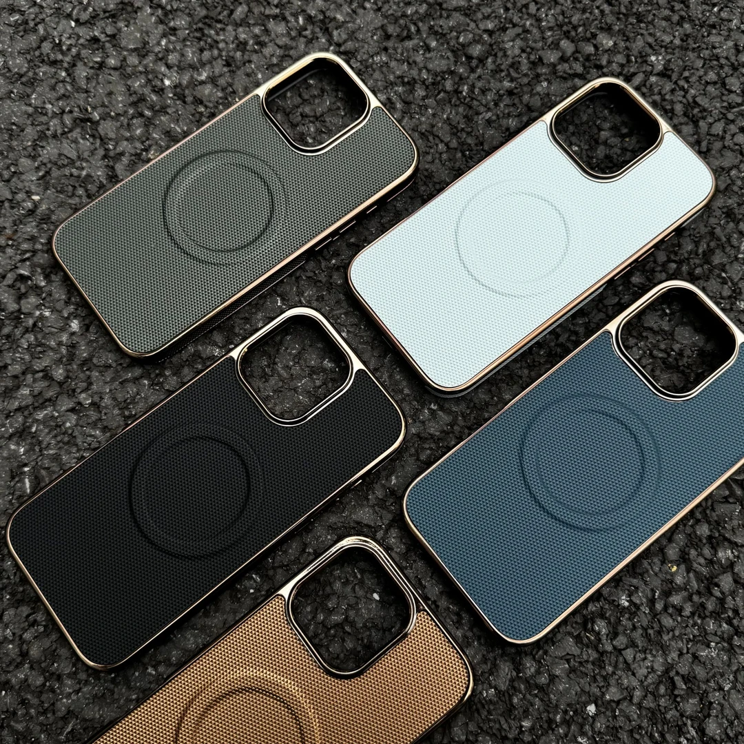 简约商务风电镀边框尼龙纹适用iPhone16promax苹果15磁吸手机壳13