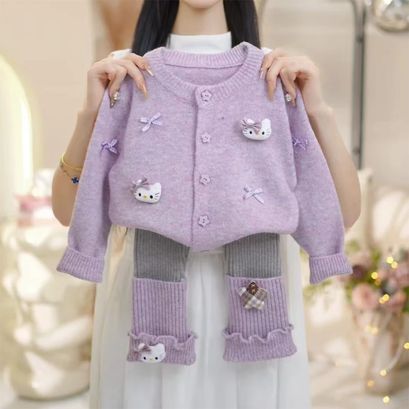 女童毛衣开衫套装春秋2025新款儿童卡通秋装女孩针织打底裤两件套