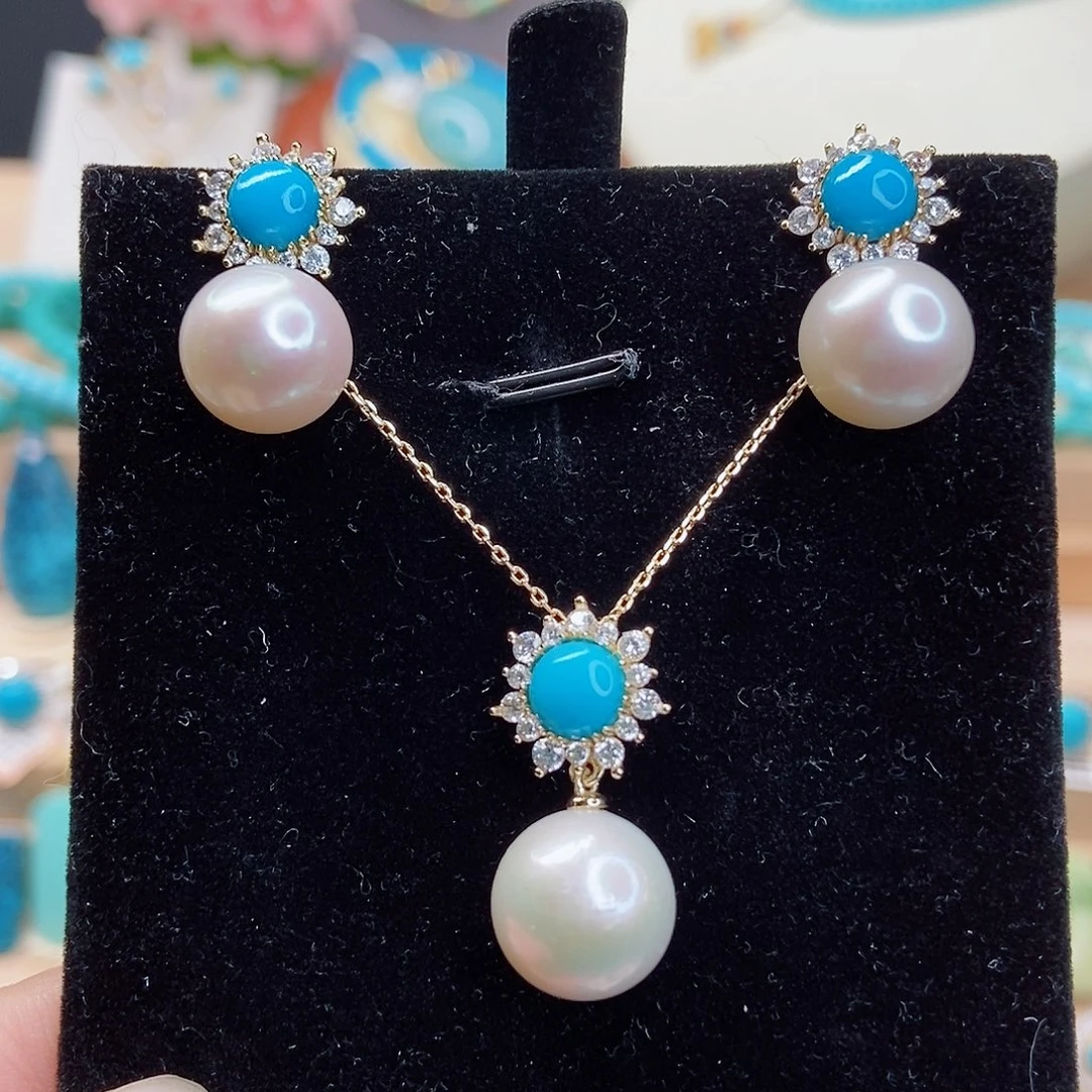 绿松石未镶嵌高瓷蓝精美耳钉吊坠套装