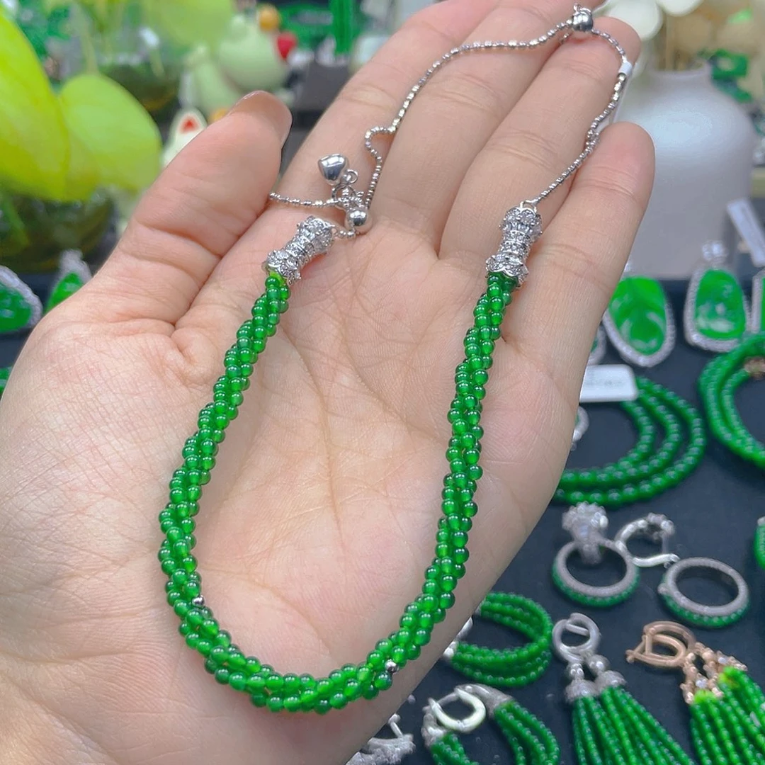 翡翠颈饰银S925镶嵌天然A货翡翠麻花