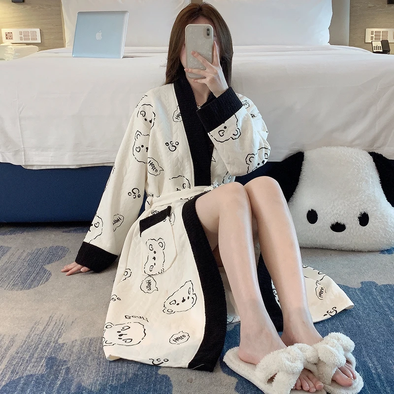 睡袍女春秋季睡衣长袖浴袍大码可爱小熊冬天可外穿高级感家居服