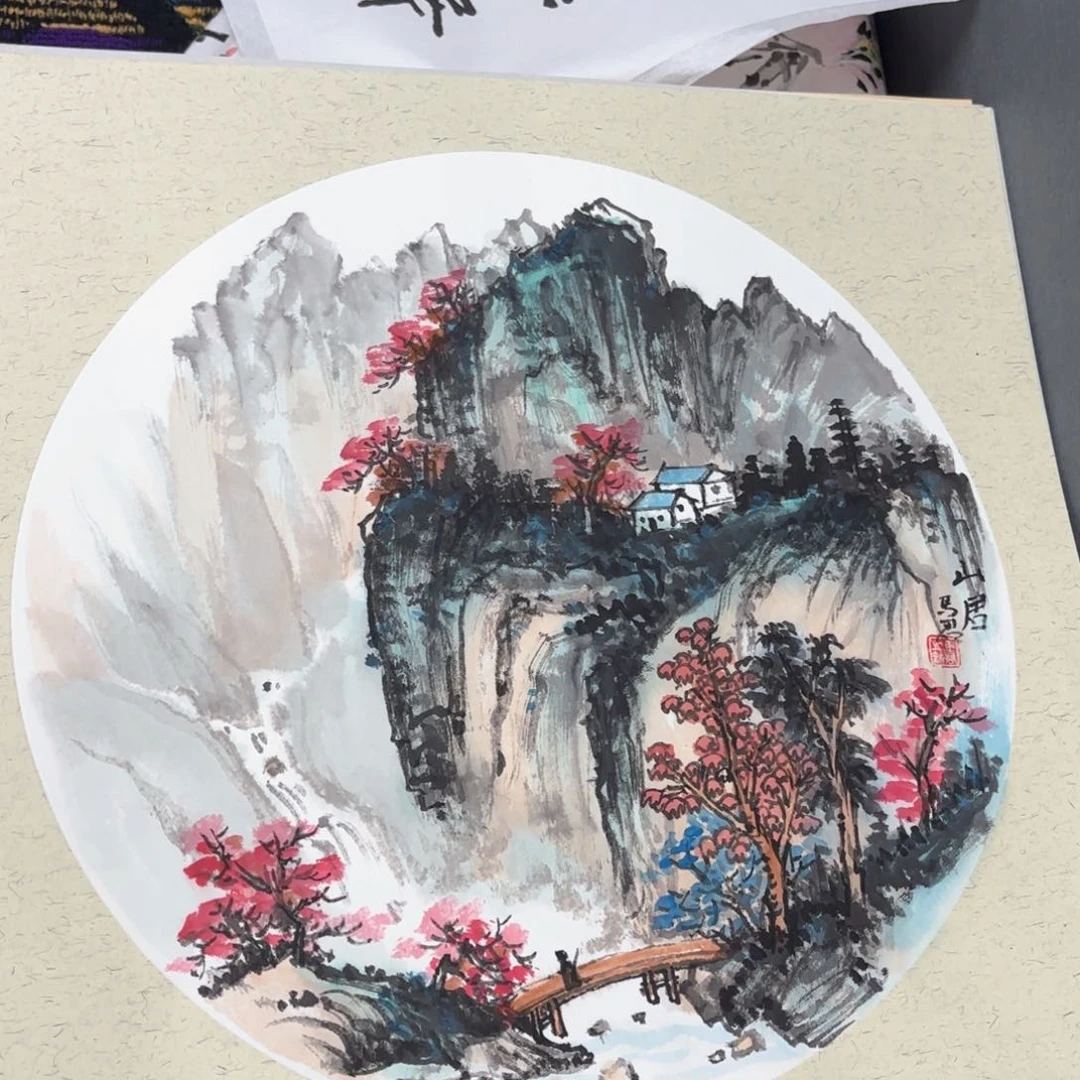 国画斗方卡纸手绘山水50