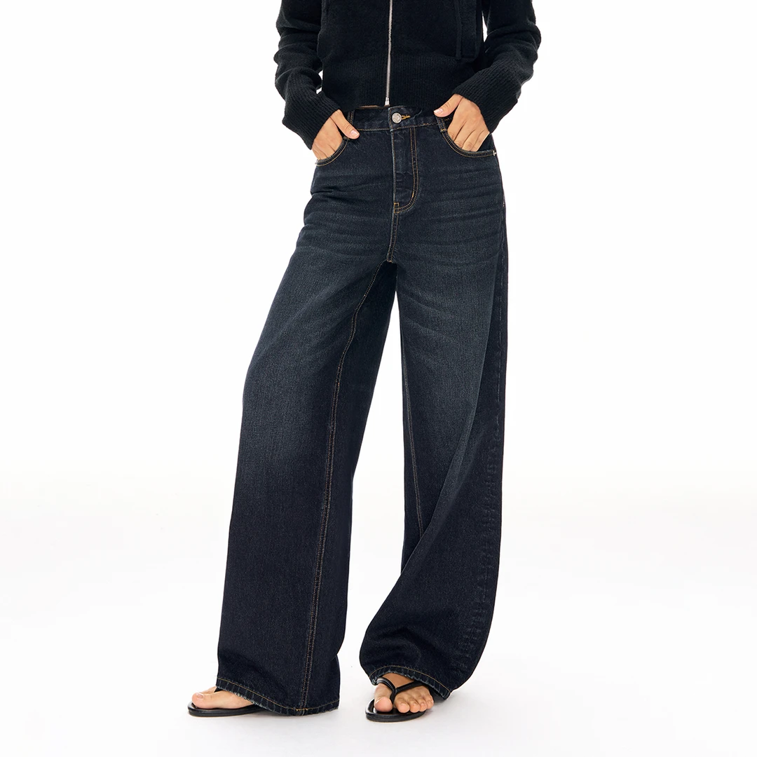 CLIMAX VISION复古做旧墨蓝水洗猫须直筒牛仔裤女款宽松阔腿长裤