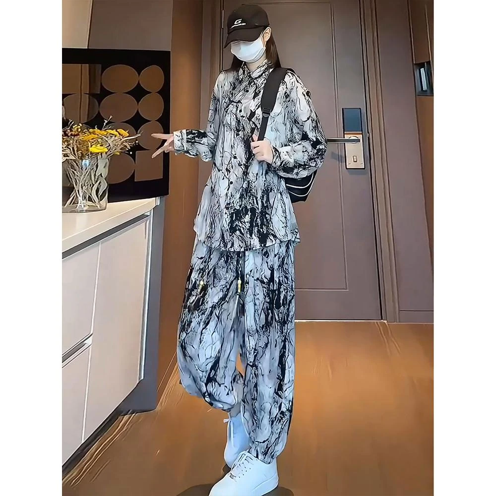 新中式国风冰丝灯笼裤男夏季薄款水墨扎染长袖衬衫裤子搭配一整套