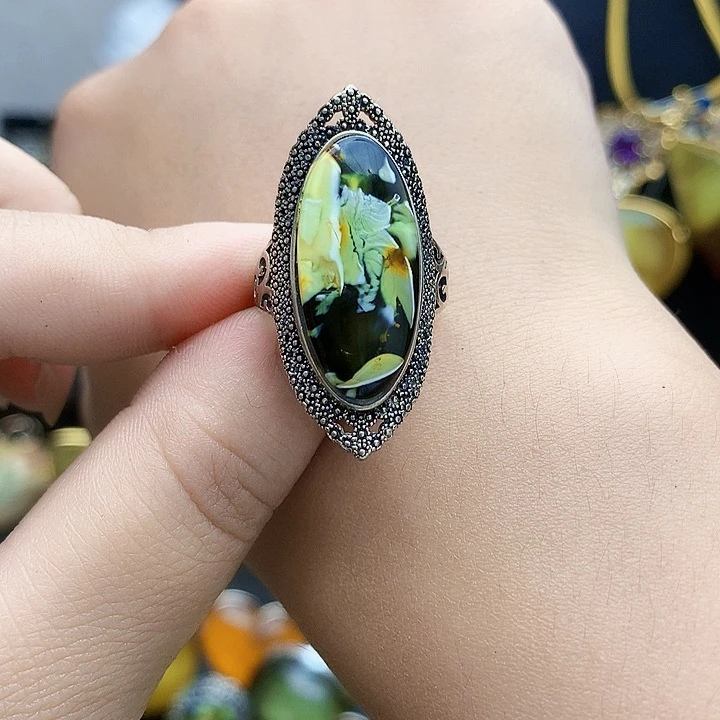 银S925镶嵌琥珀裸石戒指