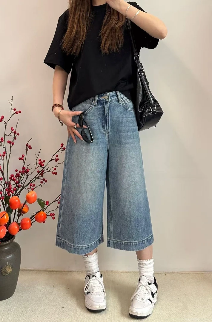 FUJIA STYLE新款韩版简约纯色百搭时尚七分牛仔裤K2565