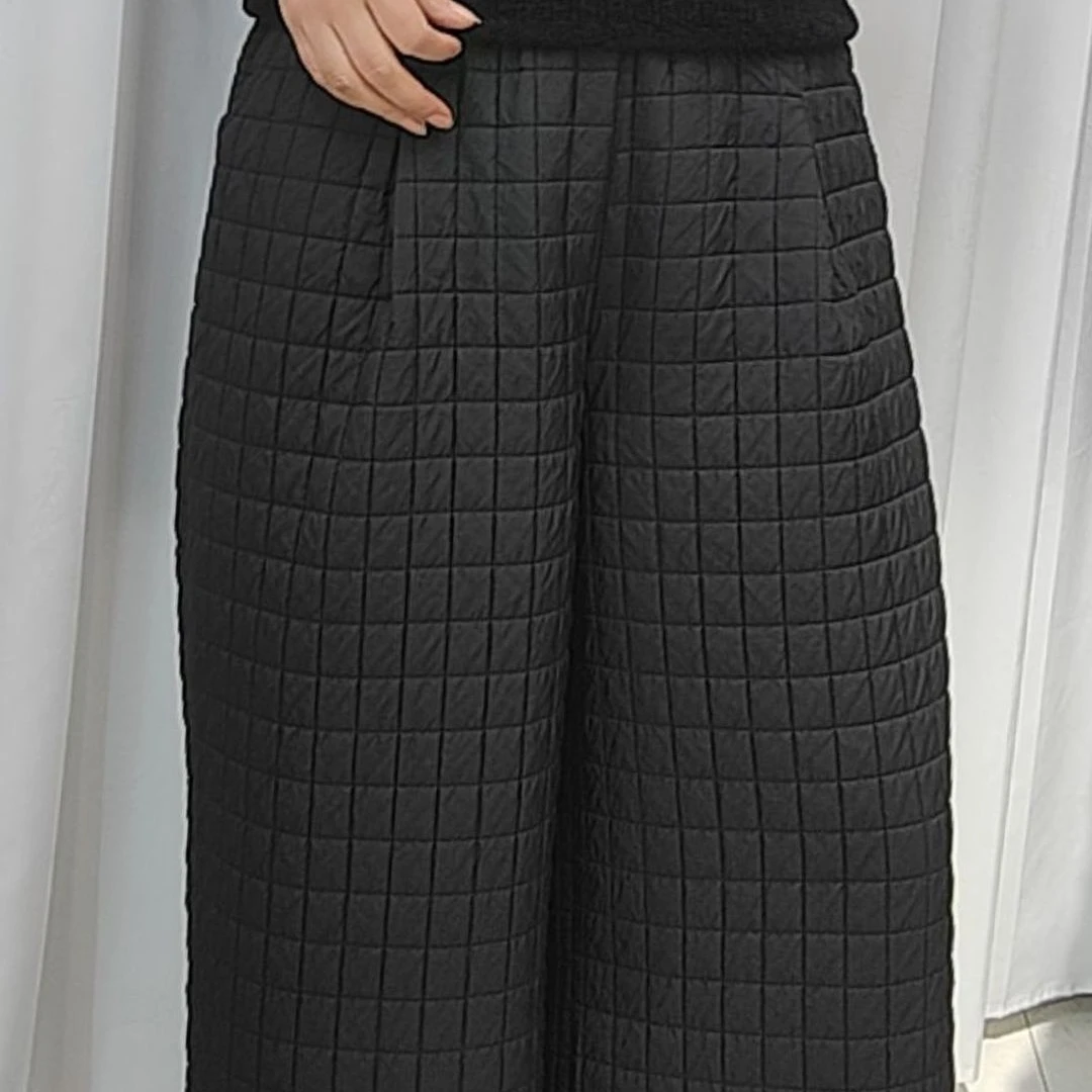 (郑州银基)冬季加绒加厚菱形格宽松显瘦九分休闲棉裤