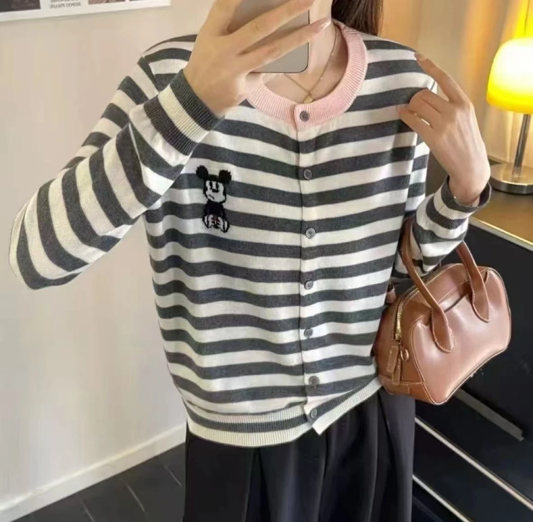 3205【臻炫女装】轻奢女装设计卡通图案条纹时尚长袖休闲开衫上衣