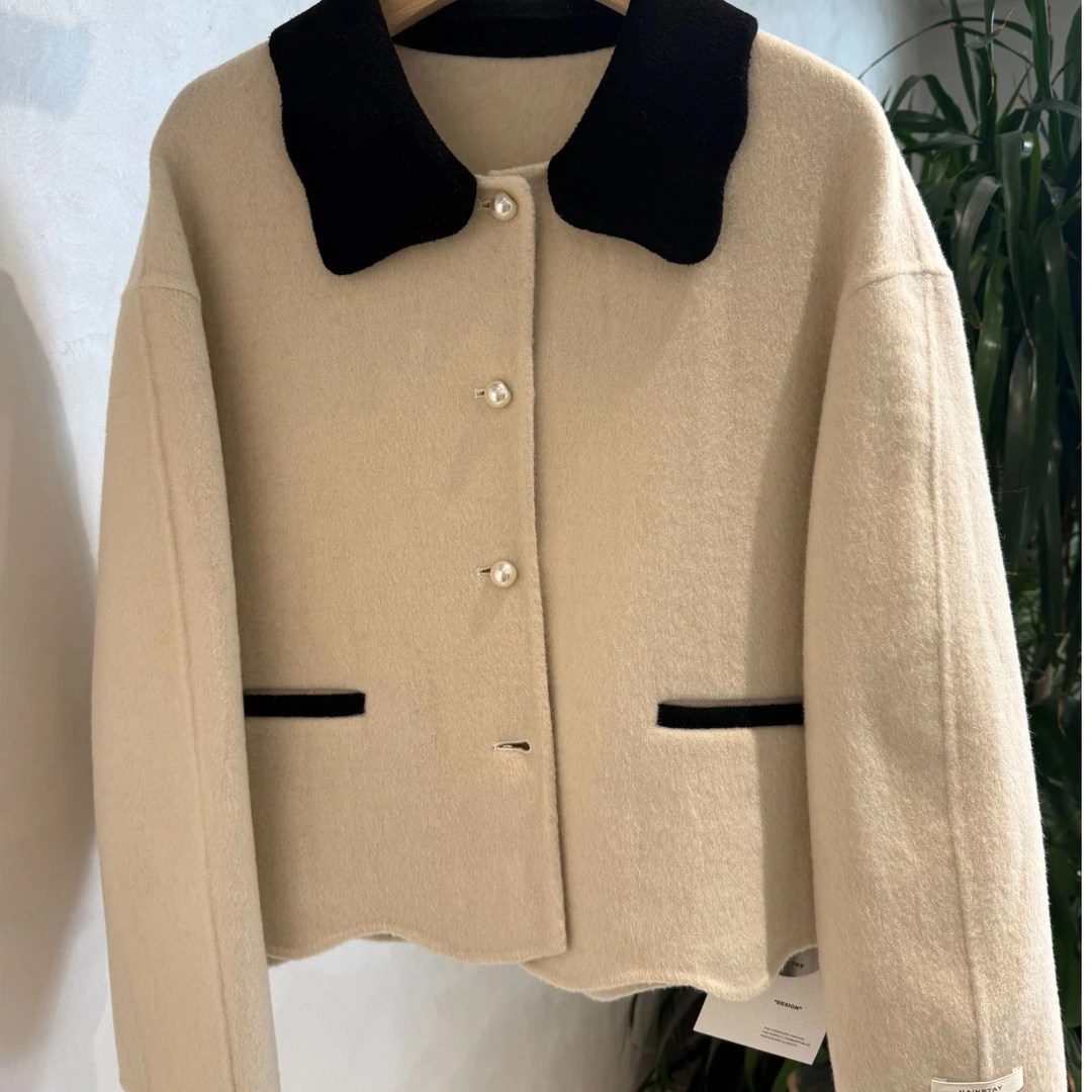 女秋冬毛呢外套清新拼色羊绒大衣翻领女士夹克设计师