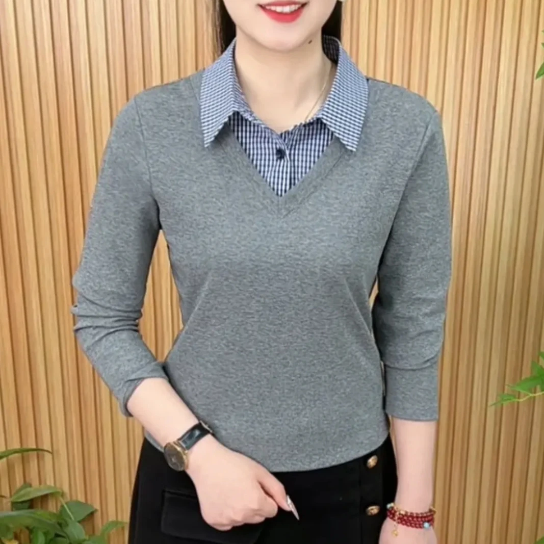 开春新款时尚翻领拼接长袖打底衫中年女士气质百搭显瘦休闲上衣服