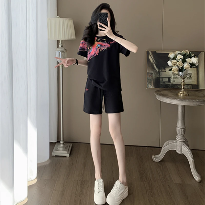 3851短袖套装休闲风印花T恤女夏季短裤两件套圆领宽松舒适运动