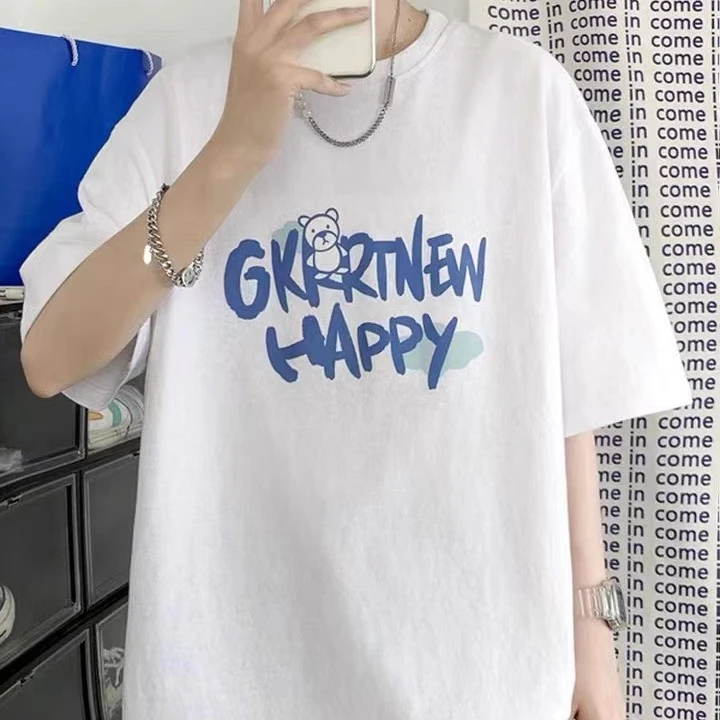 【happy小熊】卡通字母100%纯棉印花短袖夏季男女款情侣百搭T恤