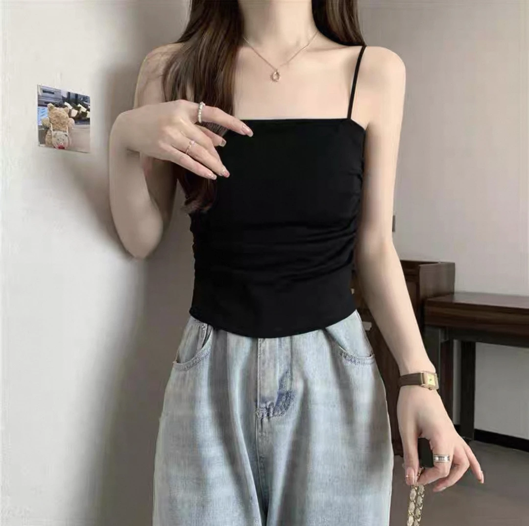 褶皱小吊带背心带胸垫#6603