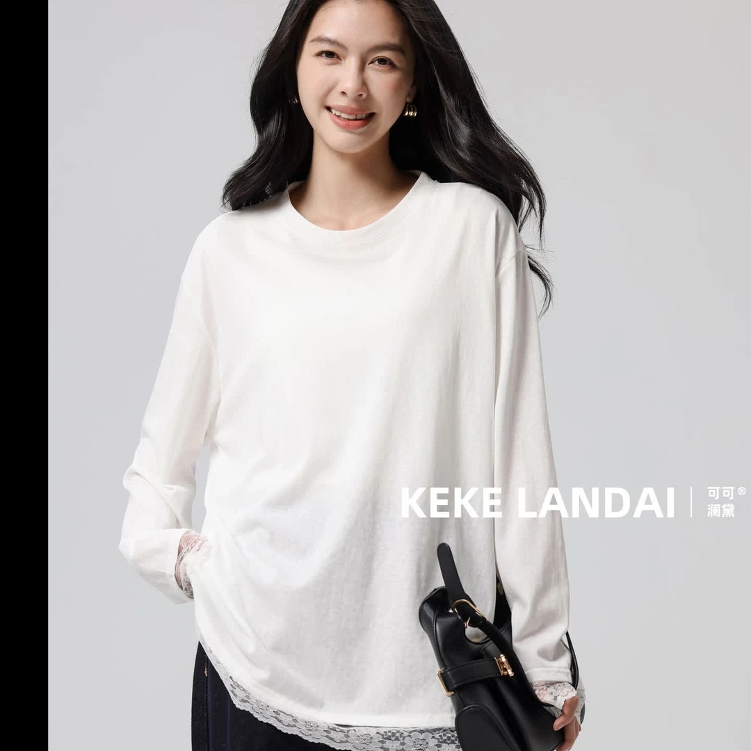 白色圆领长袖蕾丝拼接T恤女2025年春季新款宽松打底上衣叠穿百搭