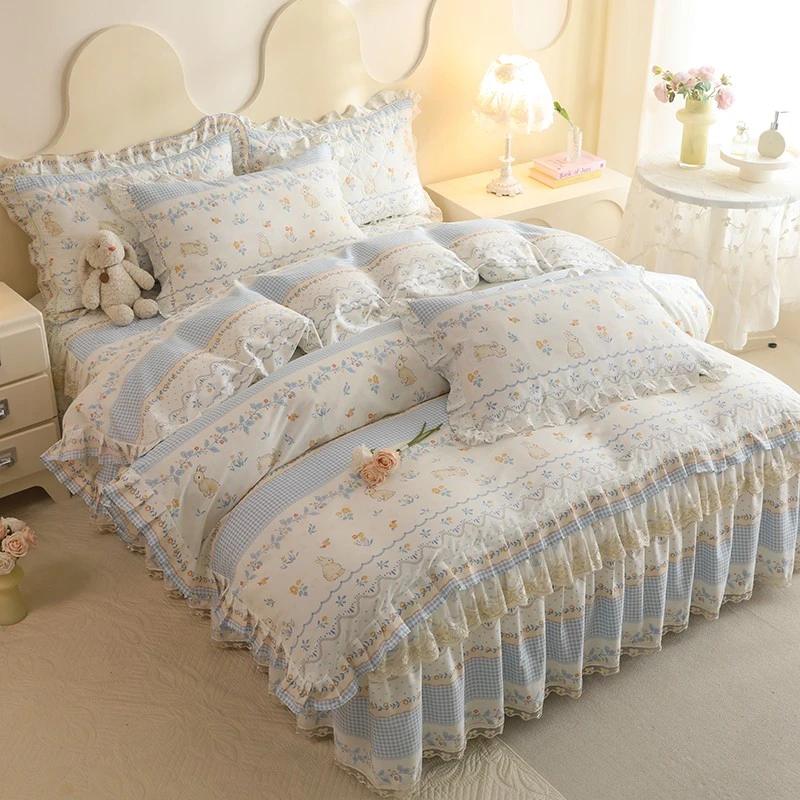 韩版全棉印花床裙四件套韩式花边床裙被套荷叶边【床裙枕套不夹棉】