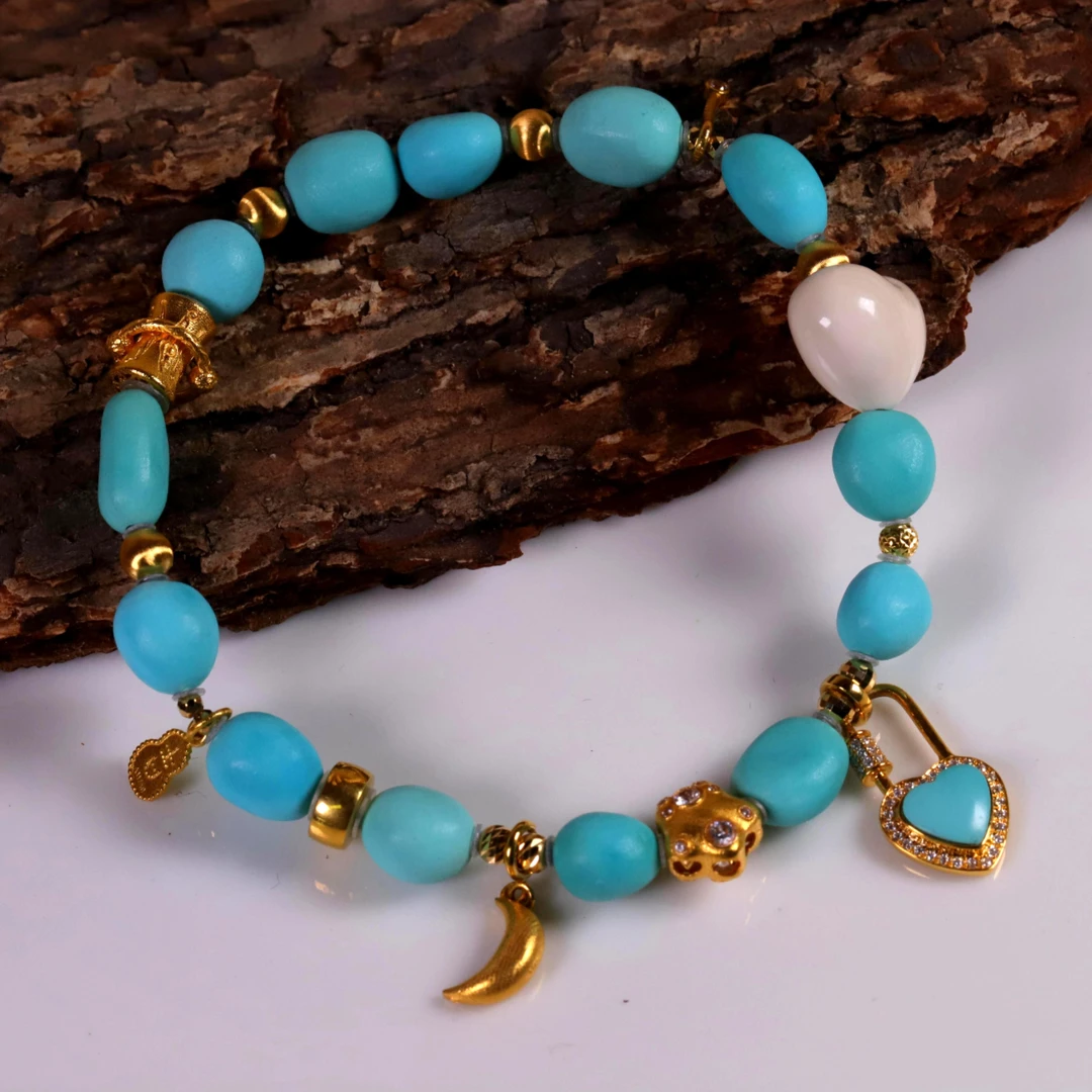 天然原矿绿松石高瓷蓝糖豆18K金设计款手串