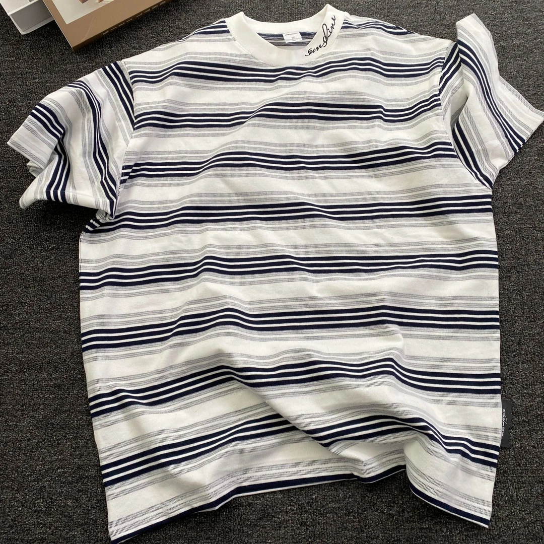 WE11DONE KONNE细织格子条纹T恤夏季休闲宽松圆领绣花短袖男上衣