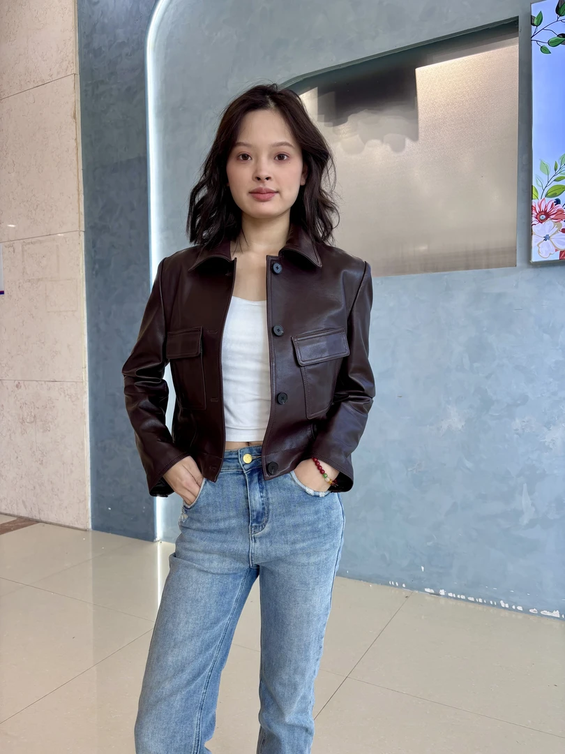 海宁真皮皮衣女装短款直筒型宽松型修身型漆皮皮衣网红翻领时尚