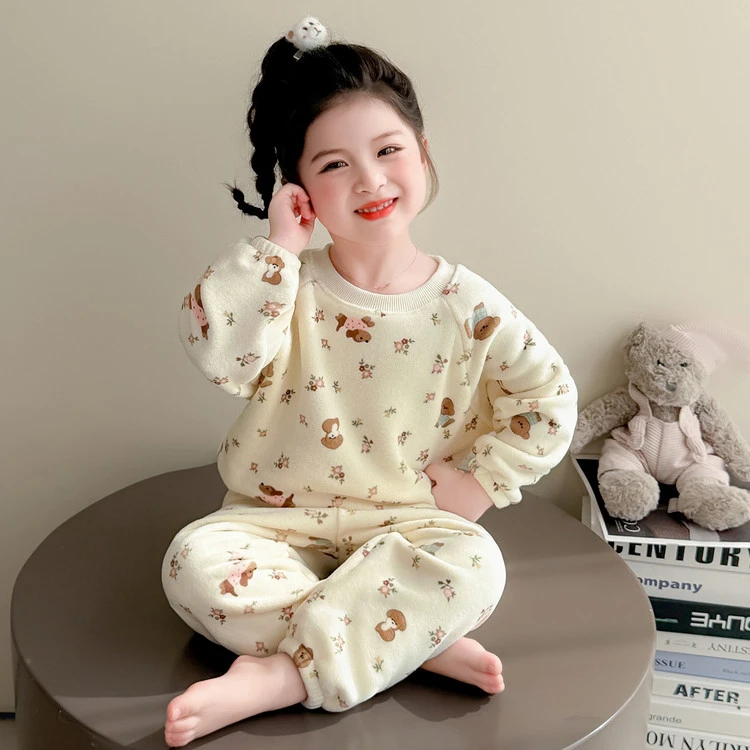 女童睡衣秋冬季奥粒绒新款小女孩宝宝加厚冬款儿童加绒家居服套装