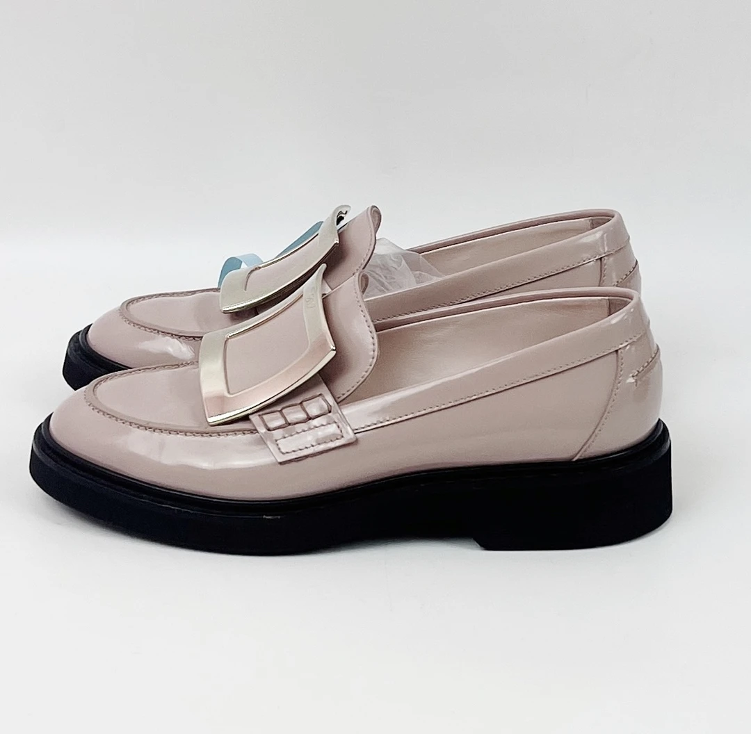 99新 Roger Vivier/罗杰·维威耶 37码 藕粉色方扣乐福鞋 jm 3154
