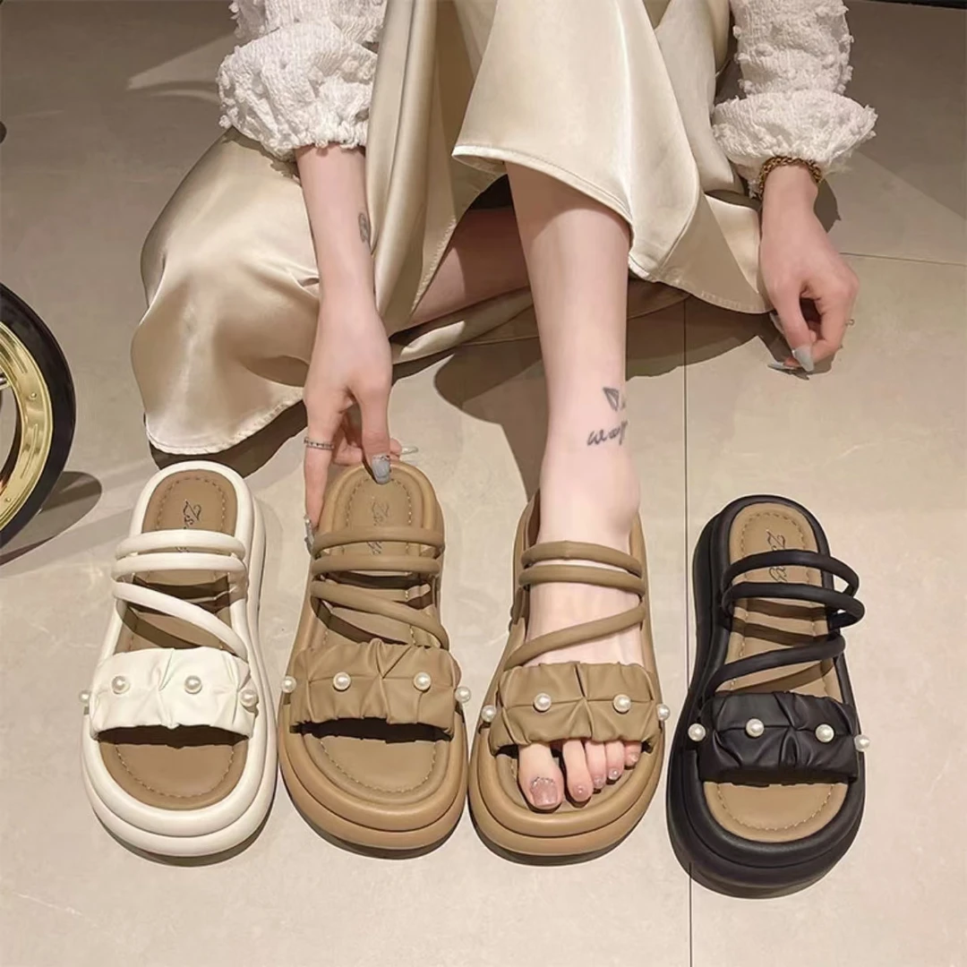 2025新款8805-3珍珠夏季蝴蝶结外穿厚底鞋拖鞋女百搭网红防滑