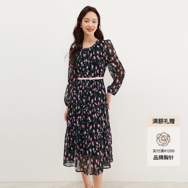 【珂莱蒂尔】新款小众气质印花连衣裙女中长款法式碎花裙KF10236W0