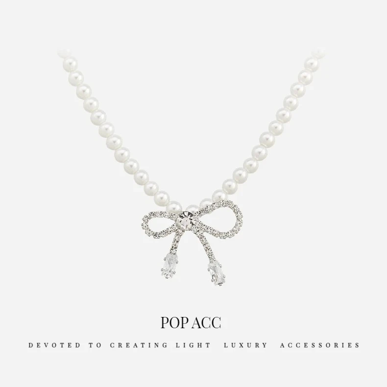 铜合金仿珍珠项链 镀K金 浪漫满天星蝴蝶结4mm珠珠锁骨链 HDJ1