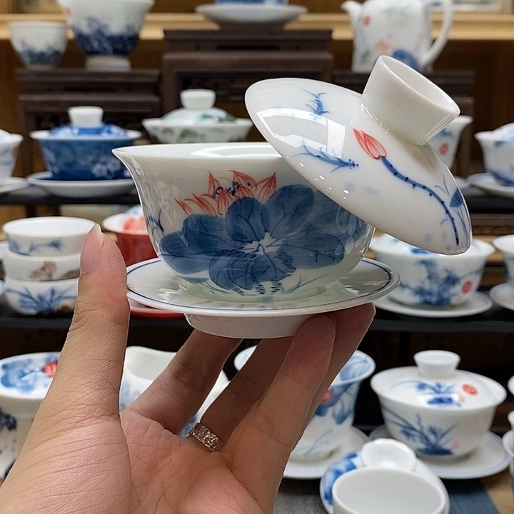 手绘荷花悬停盖碗釉下彩高温瓷微瑕福利款