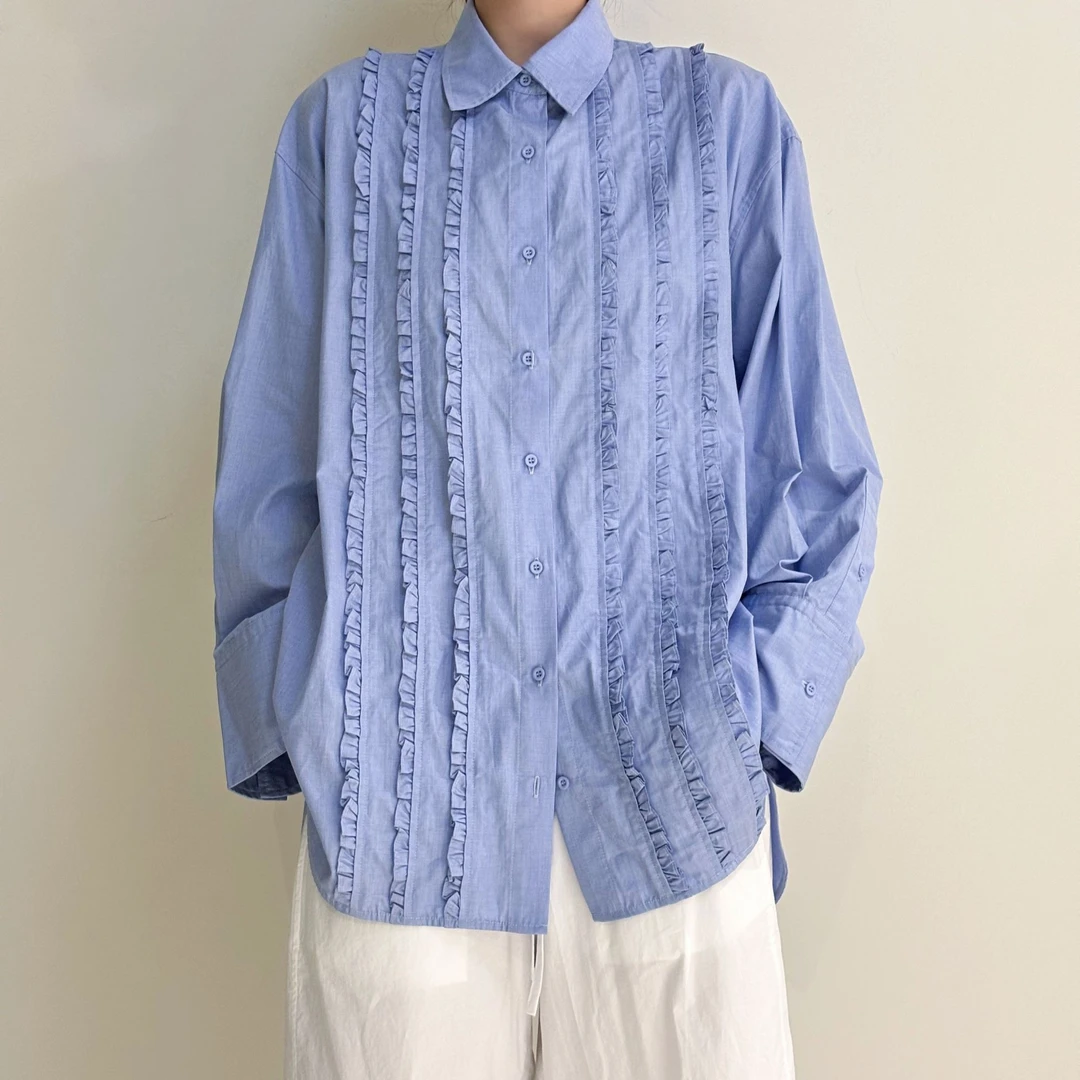 【塔鹿蕾】25年新款宽松气质蓝色木耳边翻领长袖单排扣衬衫A313