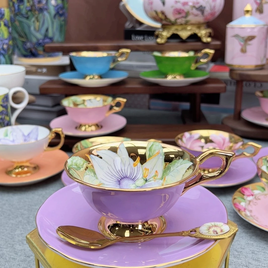 自然写生紫釉西番莲杯碟礼盒