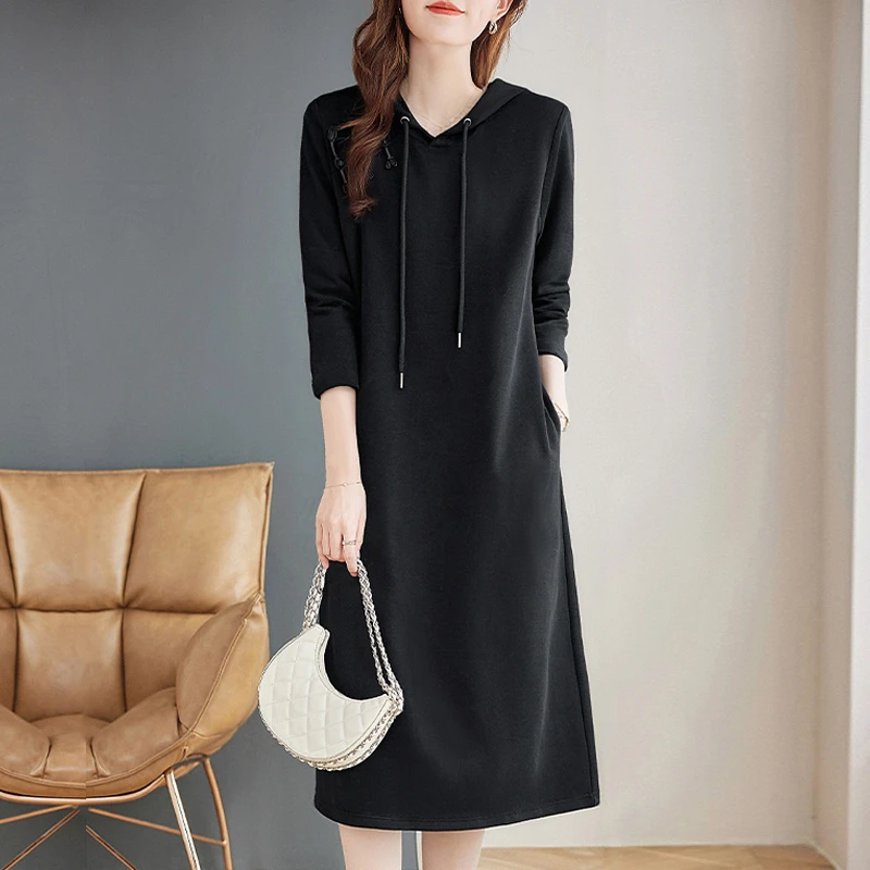 芳妮诗2025新款大码女装秋季连帽卫衣裙子显瘦直筒A字长袖连衣裙