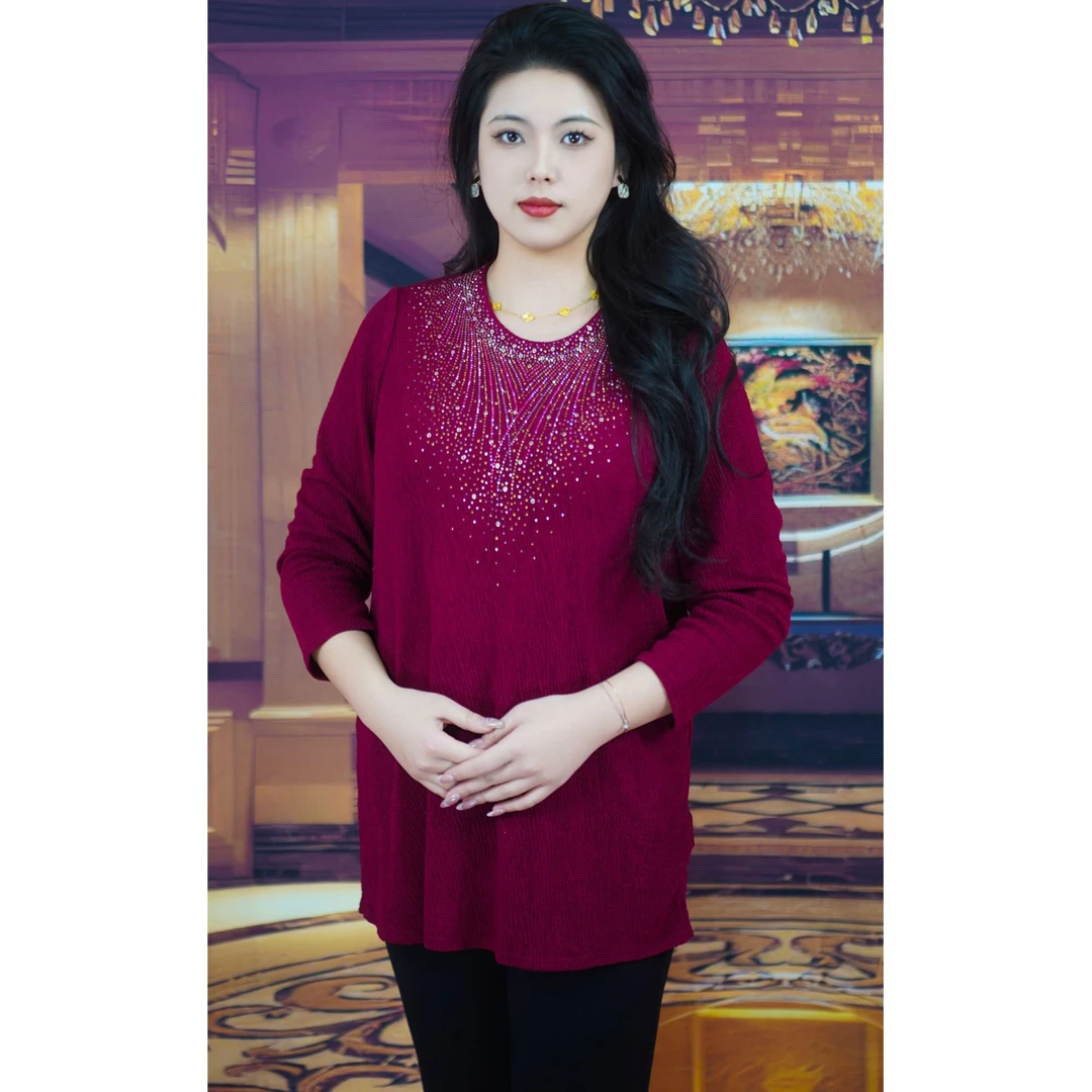 帥財閣帥家醋酸提花水钻上衣酒红针织中老年时尚宽松民族风绣花