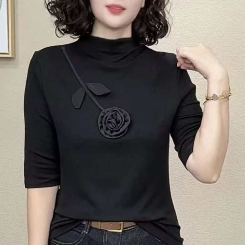 【立体花朵】2025秋季新款时尚洋气百搭减龄中领气质中袖女上衣