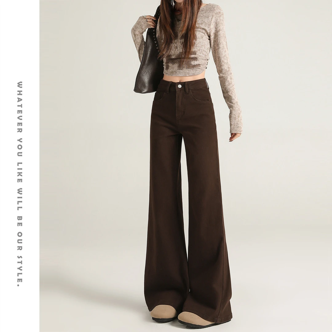 咖色加绒微喇牛仔裤女秋冬新款复古显瘦高腰不贴腿宽松喇叭马蹄裤