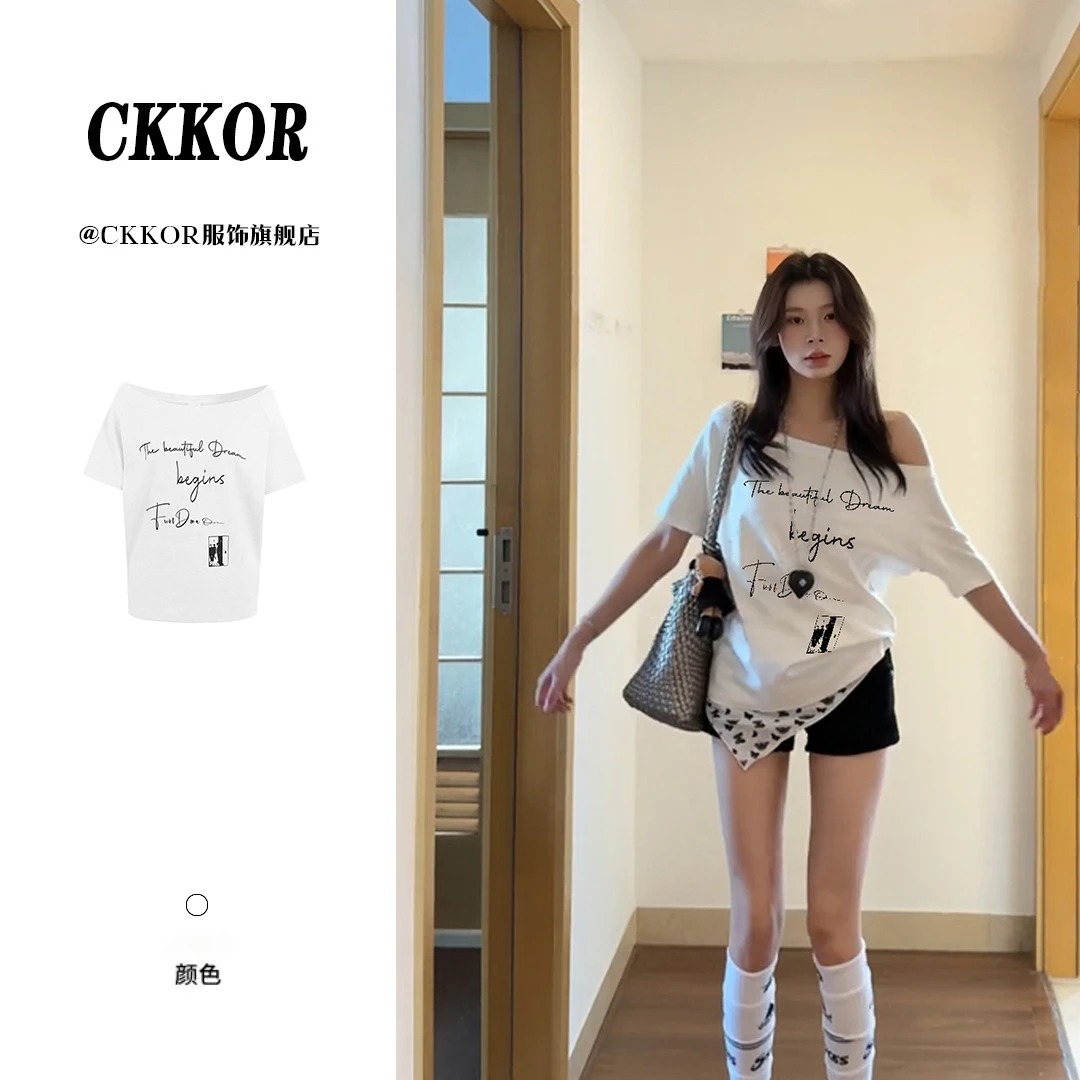 CKKOR斜肩露半边上衣夏季新款潮牌女装纯欲遮肉显瘦设计小众衣服