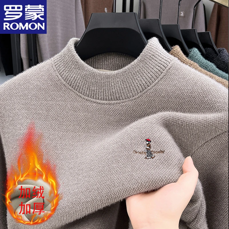 罗蒙秋冬款加绒保暖毛衣男士刺绣圆领加厚针织打底衫休闲套头线衣
