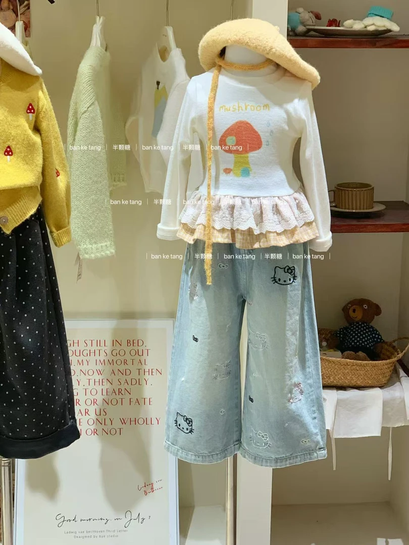 女童小蘑菇印花长袖上衣2025秋季新款韩版童装女宝宝洋气花边内搭