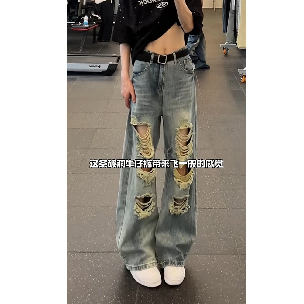 美式高街复古破洞牛仔裤男宽松直筒潮牌痞帅微喇叭设计感乞丐裤子