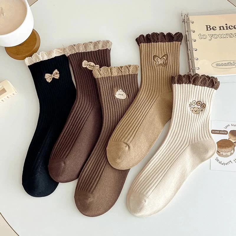 【秋冬新款】袜子女款棉袜中筒袜秋冬季棉袜日系花边可爱刺绣长袜潮