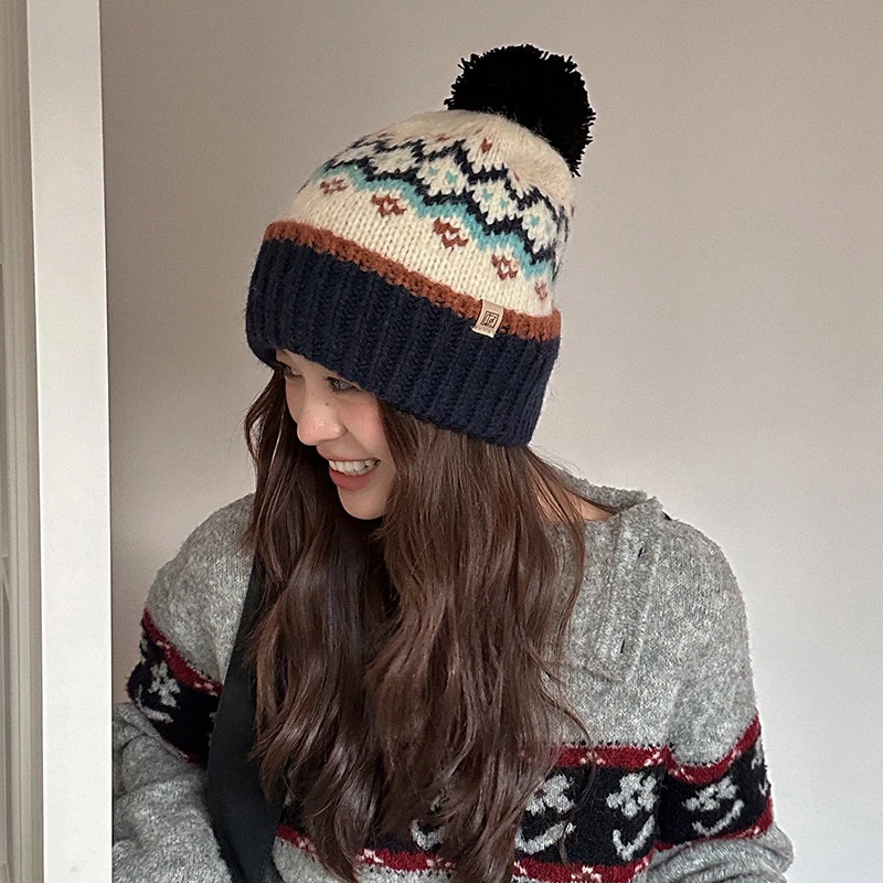 25年新款秋冬费尔岛毛球帽加厚卷边保暖竖条针织毛线帽复古套头帽