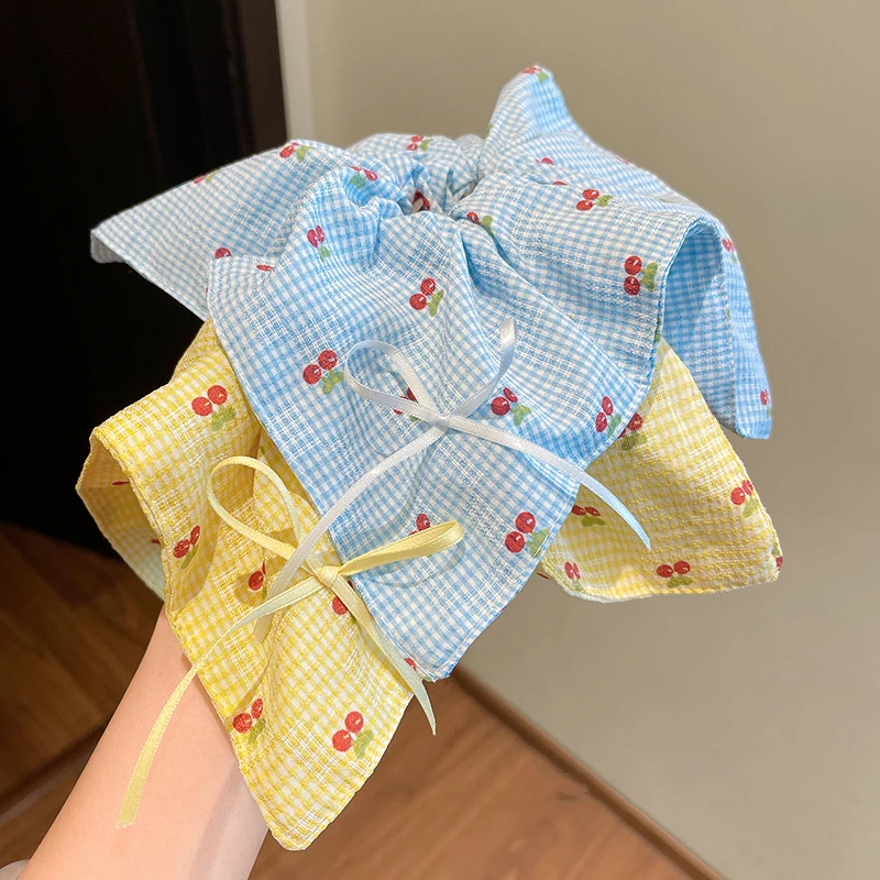 田园风格子樱桃蝴蝶结方巾发绳女甜美麻花辫大肠发圈绑发头绳发饰