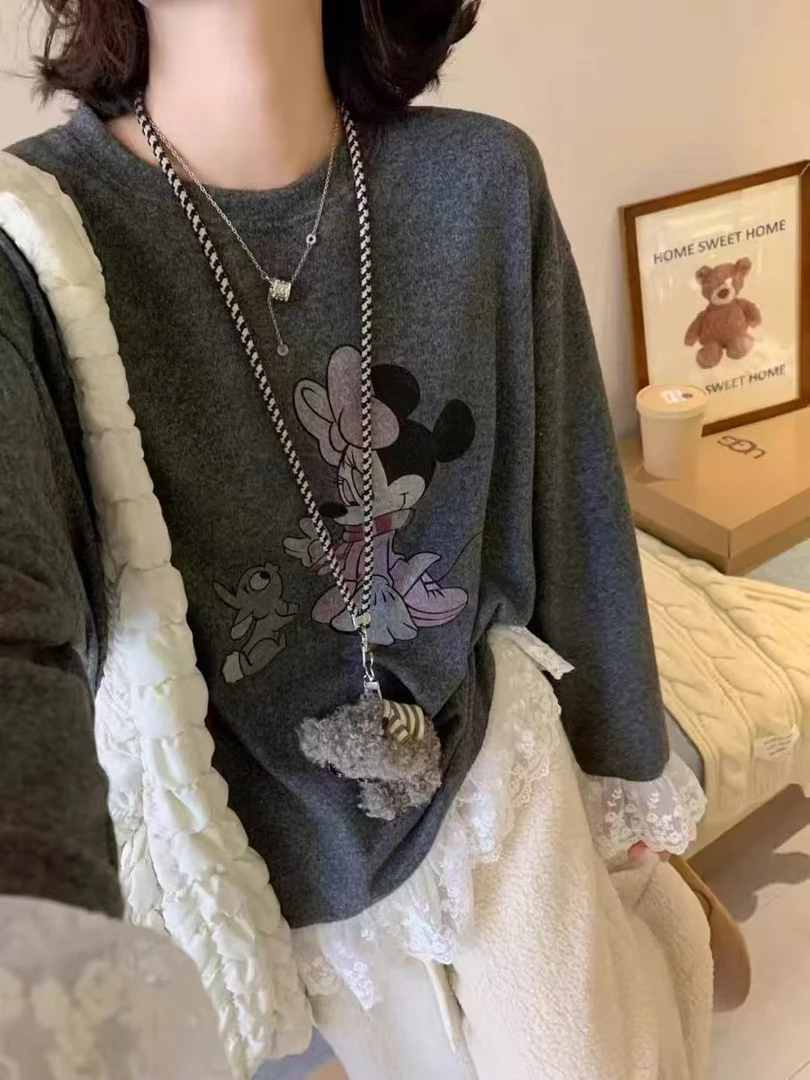 【湘湘定制】长袖蕾丝花边打底印花圆领T恤