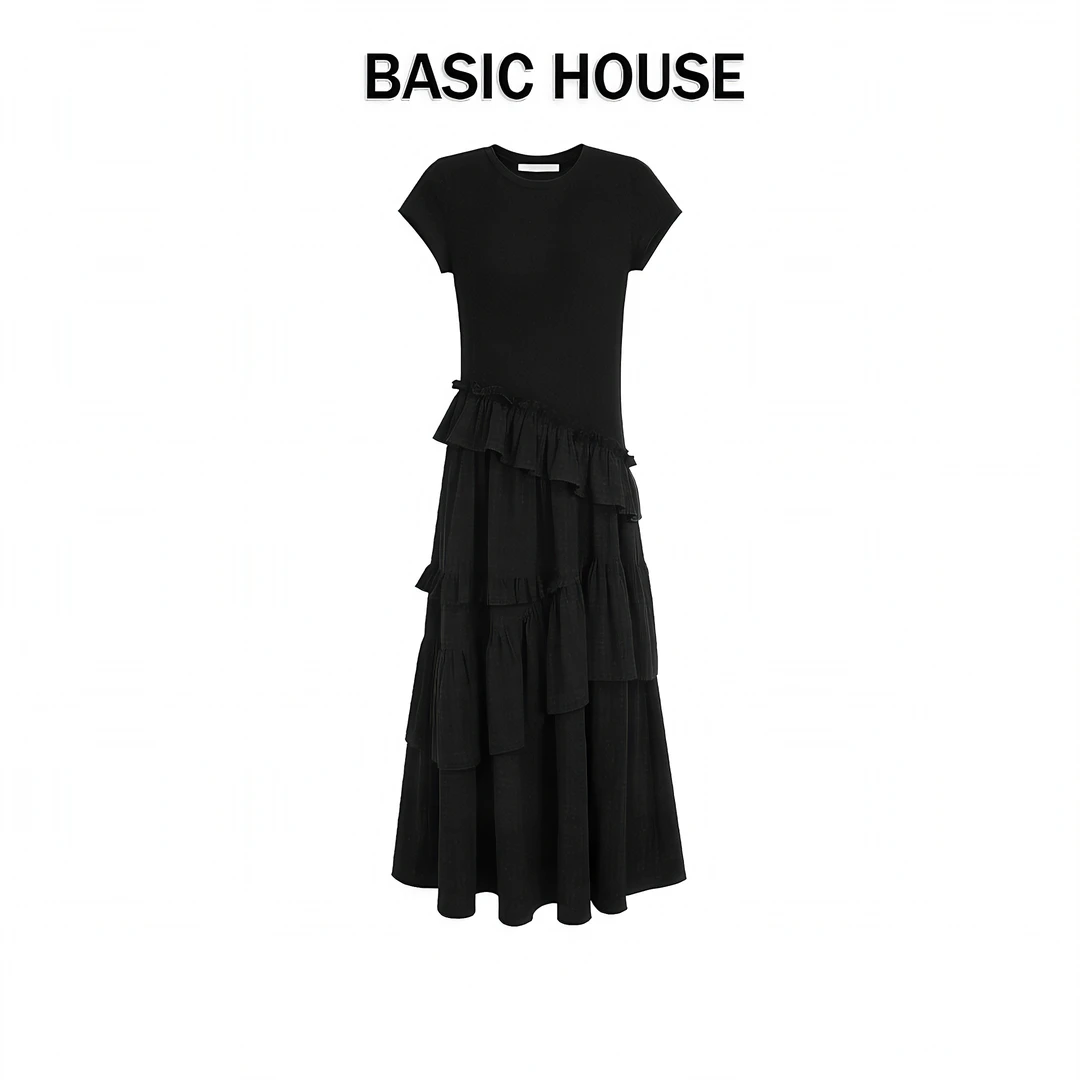 Basic House/百家好CSM新款法式复古格纹蛋糕裙设计感短袖连衣裙