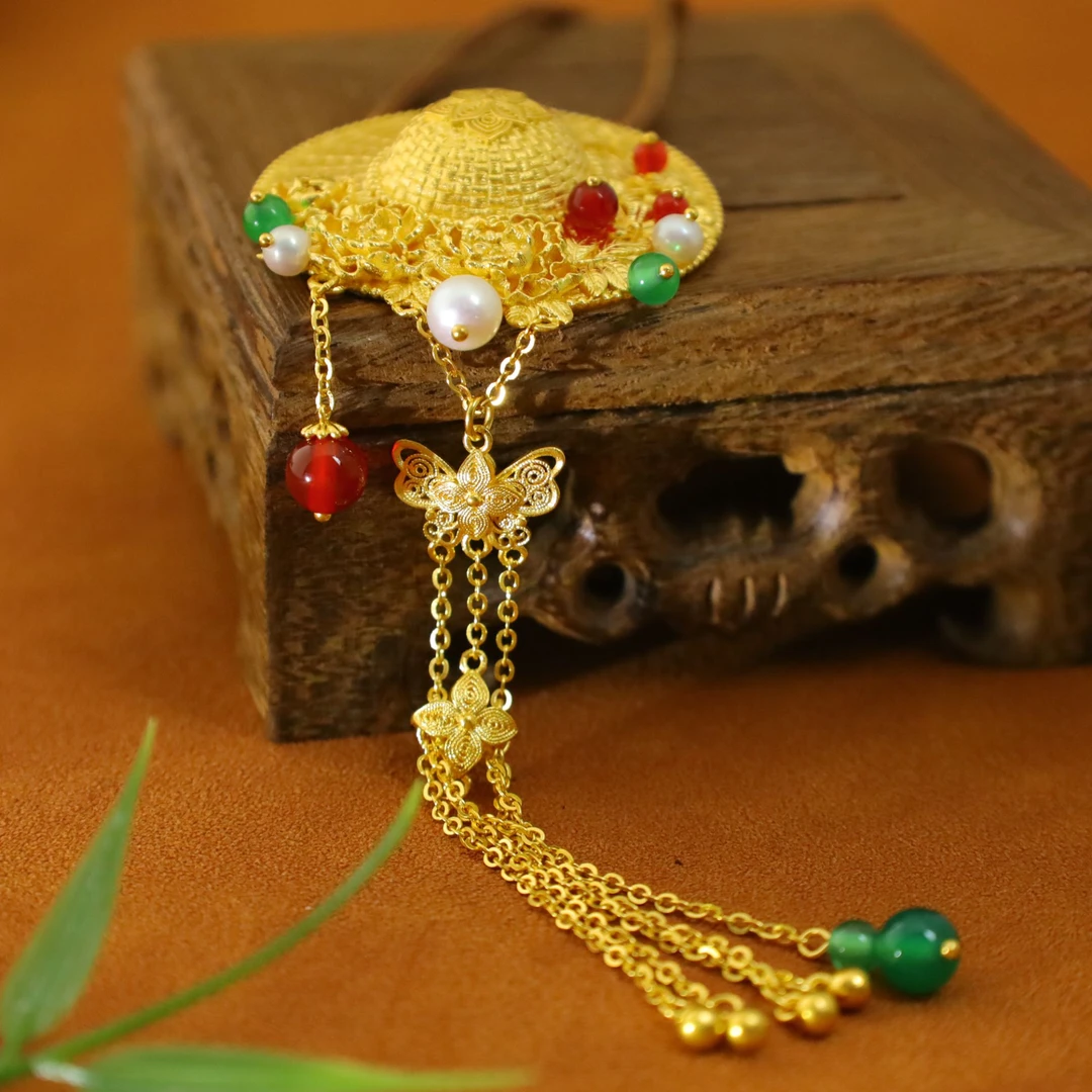 1169/克【草帽吊坠】古法金黄金手工錾刻足金999帽子吊坠挂坠项链