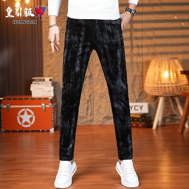 香港高端秋冬灯芯绒裤子男士商务修身小脚潮流弹力百搭男款休闲裤