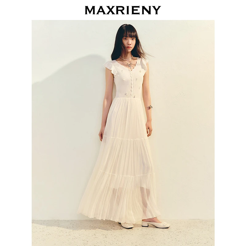 【商场同款】MAXRIENY优雅度假风收腰散摆连衣裙甜美长裙小白裙夏
