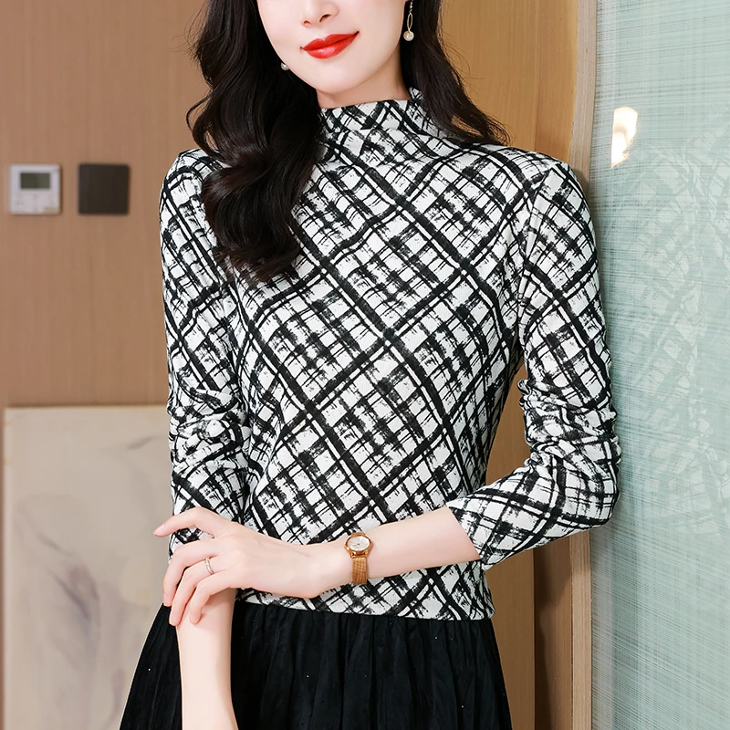 实拍印花格子半高领简约时尚打底衫长袖女